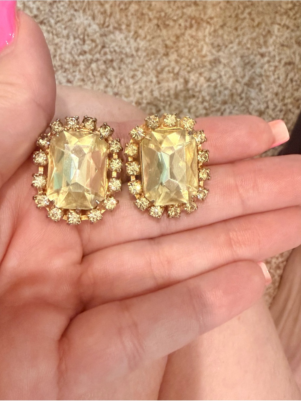 Vintage Gold-Tone Yellow Crystal Cluster Clip-On Earrings